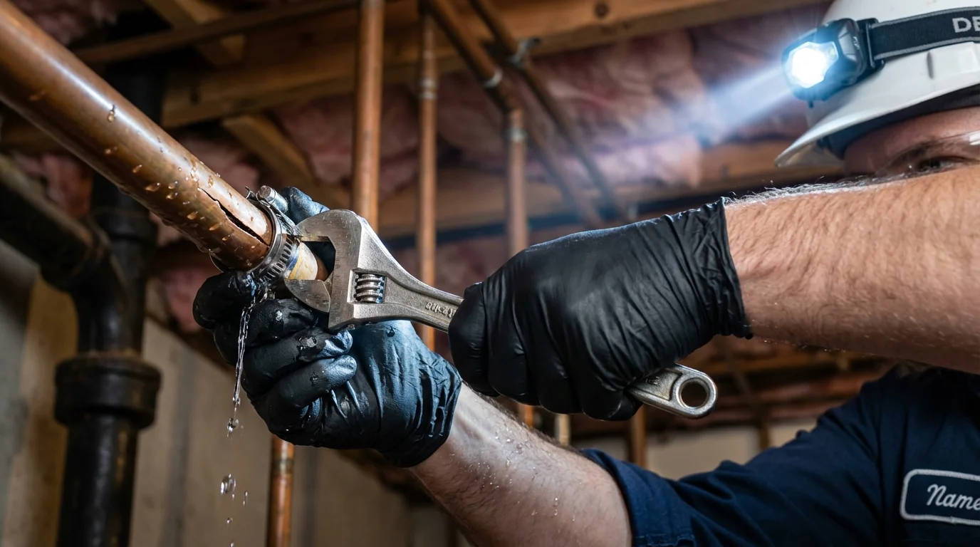 Emergency pipe clamp repair being performed by a Johns Plumbing LLC plumber in Glenville
