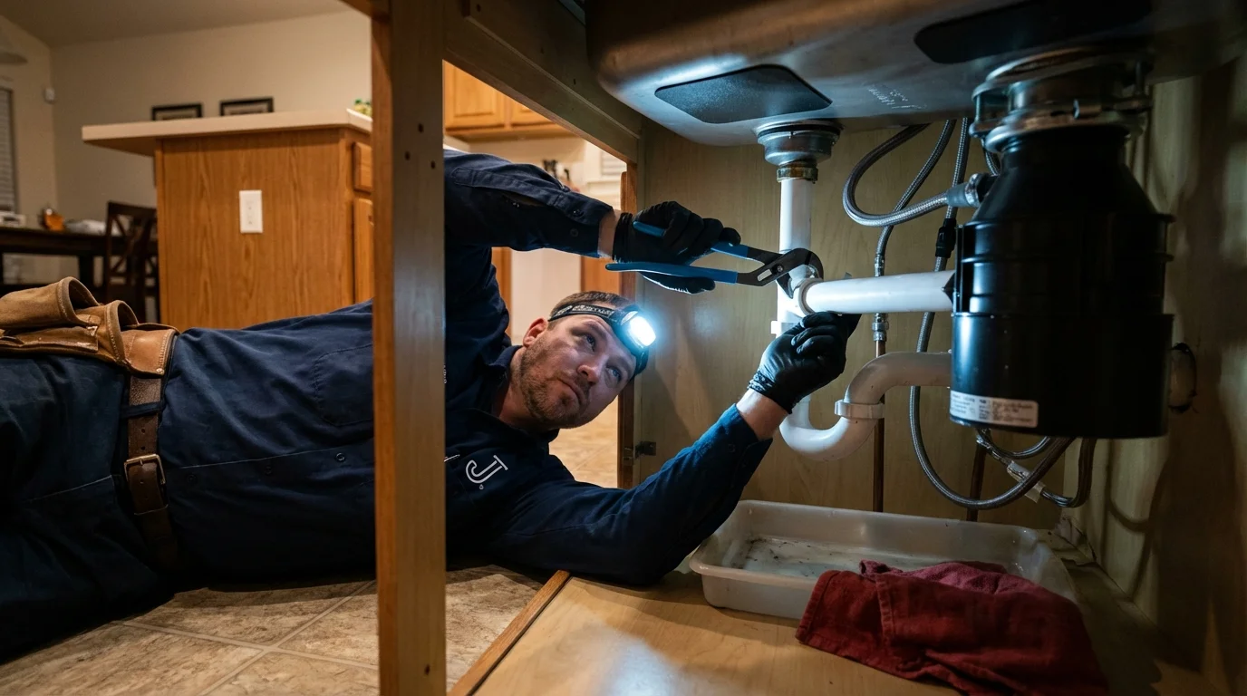 P-trap and supply line connections under a kitchen sink showing a common leak point in Glenville, WV